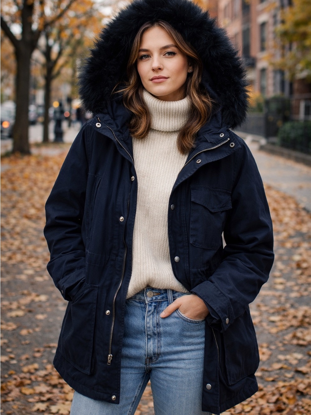 Y2K GAP Navy Women's Snorkel/ Utility Parka w/ Faux Fur Hood Sz M 98% Cotton